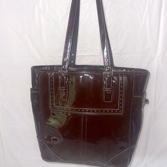 VINTAGE Coach Ashley rare liquid glass Patent Leather Gallery tote Cabernet - Picture 1 of 16